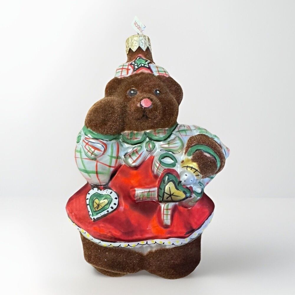 VTG Christmas Ornament Poland Teddy Bear Girl in Dress w/ Doll Glass Flocked Fur